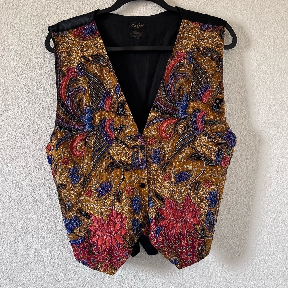 Tan-Chho VTG Women’s Beaded Vest Fits Up to Large Mustard Blue Red Bird Floral